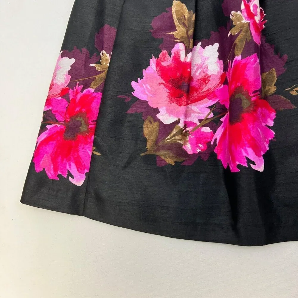 CB Established 1962 Floral A-Line Skirt Pleated Waist Black/Multi Size Large Zip